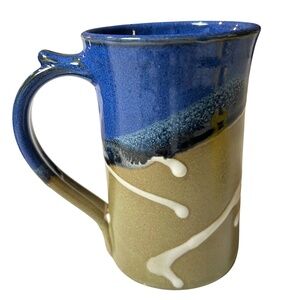 Studio Art Pottery Mug Hand Crafted Drip Glaze 5" Tall Holds 14 ozs Blue White
